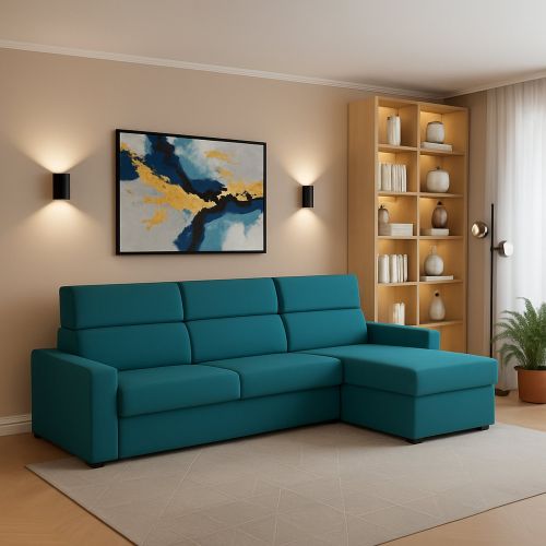 Divano Fisso con Penisola Azzurro Sfoderabile Reversibile 280x160 cm, Idrorepellente Multiposizione Made in Italy - Vigonovo