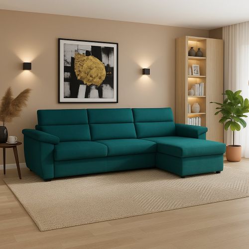 Divano Fisso con Penisola Azzurro Sfoderabile Reversibile 285x160 cm, Idrorepellente Multiposizione Made in Italy - Ceto