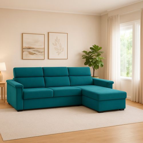 Divano Fisso con Penisola Azzurro Sfoderabile Reversibile 285x160 cm, Idrorepellente Multiposizione Made in Italy - Cintano
