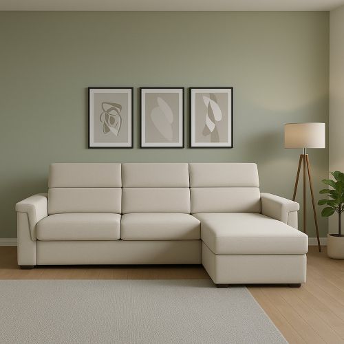 Divano Fisso con Penisola Beige Sfoderabile Reversibile 285x160 cm, Idrorepellente Multiposizione Made in Italy - Cintano