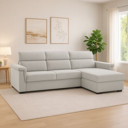 Divano Fisso con Penisola Grigio Chiaro Sfoderabile Idrorepellente 285x160 cm, Lavabile Made in Italy - Cintano