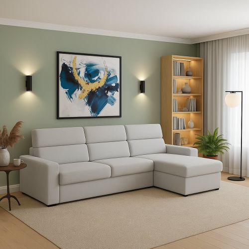 Divano Fisso con Penisola Grigio Chiaro Sfoderabile Idrorepellente Multiposizione 280x160 cm, Lavabile Made in Italy - Vigonovo