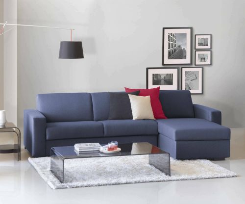 Divano fisso Debora, Divano ad angolo, 100% Made in Italy, Sofà Soggiorno, con Penisola contenitore reversibile, in tessuto imbottito, con Braccioli slim, Cm 260x95h90, Blu