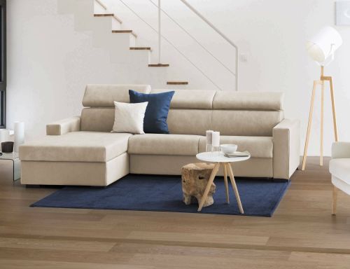 Divano fisso Eliana, Divano ad angolo, 100% Made in Italy, Sofà Soggiorno con chaise longue, in tessuto imbottito - Penisola contenitore Sinistra, con Braccioli slim, Cm 260x95h85, Beige