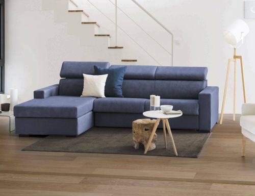 Divano fisso Eliana, Divano ad angolo, 100% Made in Italy, Sofà Soggiorno con chaise longue, in tessuto imbottito - Penisola contenitore Sinistra, con Braccioli slim, Cm 260x95h85, Blu