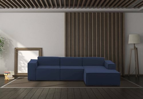 Divano fisso Giovanna, Divano componibile a 3 posti con penisola destra, 100% Made in Italy, Sofà moderno in tessuto, Cm 300x170h70, Blu