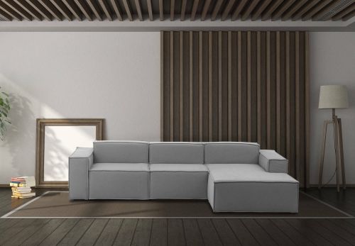 Divano fisso Giovanna, Divano componibile a 3 posti con penisola destra, 100% Made in Italy, Sofà moderno in tessuto, Cm 300x170h70, Grigio