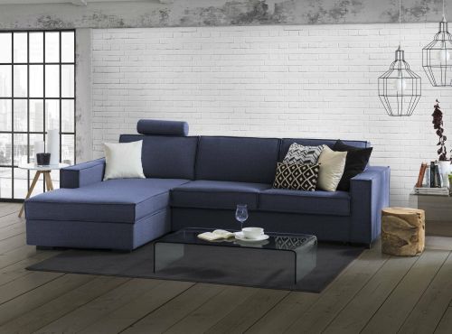 Divano fisso Grazia, Divano ad angolo, 100% Made in Italy, Sofà Soggiorno con, penisola contenitore Sinistra, con Braccioli standard, Cm 280x95h90, Blu