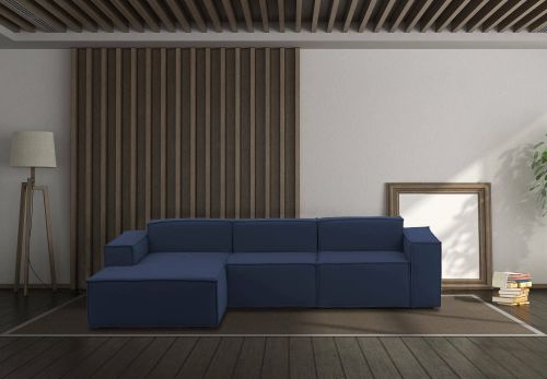 Divano fisso Jessica, Divano componibile a 3 posti con penisola sinistra, 100% Made in Italy, Sofà moderno in tessuto, Cm 300x170h70, Blu