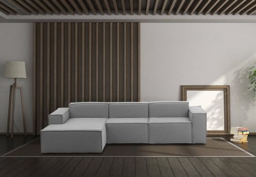 Divano fisso Jessica, Divano componibile a 3 posti con penisola sinistra, 100% Made in Italy, Sofà moderno in tessuto, Cm 300x170h70, Grigio