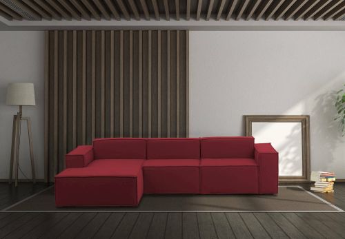 Divano fisso Jessica, Divano componibile a 3 posti con penisola sinistra, 100% Made in Italy, Sofà moderno in tessuto, Cm 300x170h70, Rosso