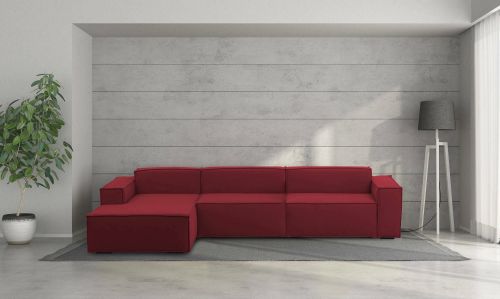 Divano fisso Licia, Divano componibile a 4 posti con penisola sinistra, 100% Made in Italy, Sofà moderno in tessuto, Cm 340x170h70, Rosso