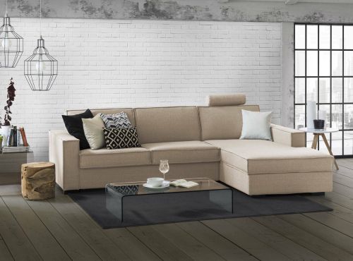Divano fisso Maia, Divano ad angolo, 100% Made in Italy, Sofà Soggiorno con, penisola contenitore Destra, con Braccioli slim, Cm 260x95h90, Beige