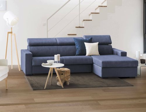 Divano fisso Marica, Divano ad angolo, 100% Made in Italy, Sofà Soggiorno con chaise longue, in tessuto imbottito - Penisola contenitore Destra, con Braccioli standard, Cm 280x95h85, Blu