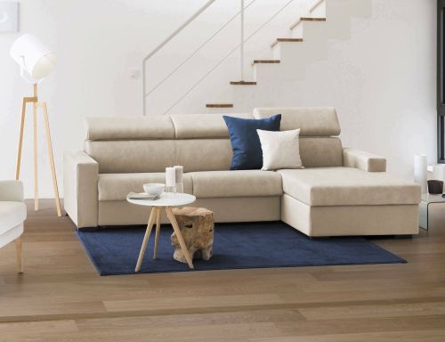 Divano fisso Mikaela, Divano ad angolo, 100% Made in Italy, Sofà Soggiorno con chaise longue, in tessuto imbottito - Penisola contenitore Destra, con Braccioli slim, Cm 260x95h85, Beige