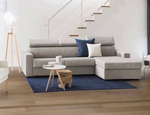 Divano fisso Mikaela, Divano ad angolo, 100% Made in Italy, Sofà Soggiorno con chaise longue, in tessuto imbottito - Penisola contenitore Destra, con Braccioli slim, Cm 260x95h85, Tortora