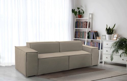Divano fisso Paola, Divano componibile a 2 posti lineare, 100% Made in Italy, Sofà moderno da soggiorno in tessuto, Cm 220x95h70, Tortora