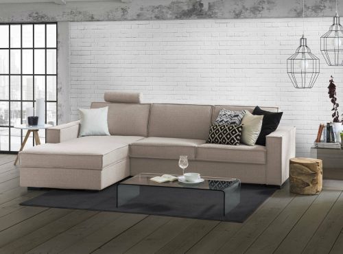 Divano fisso Perla, Divano ad angolo, 100% Made in Italy, Sofa Soggiorno con, penisola contenitore Sinistra, con Braccioli slim, Cm 260x95h90, Tortora