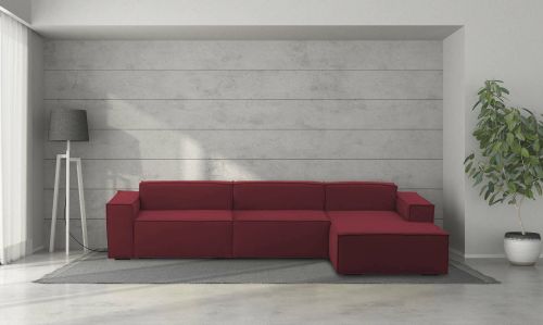 Divano fisso Raffaella, Divano componibile a 4 posti con penisola destra, 100% Made in Italy, Sofà moderno in tessuto, Cm 340x170h70, Rosso
