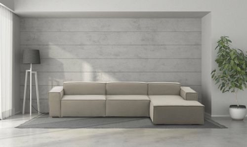 Divano fisso Raffaella, Divano componibile a 4 posti con penisola destra, 100% Made in Italy, Sofà moderno in tessuto, Cm 340x170h70, Tortora