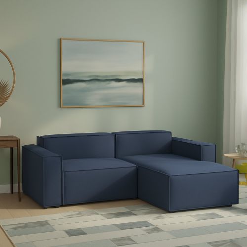 Divano in legno e ferro rivestito in tessuto blu 240x170x70h cm - Ameli