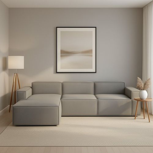 Divano in legno e ferro rivestito in tessuto grigio 340x170x70h cm - Atrillo