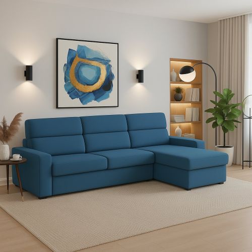 Divano in legno massello rivestito in tessuto blu 280x160x100h cm - Vigonovo