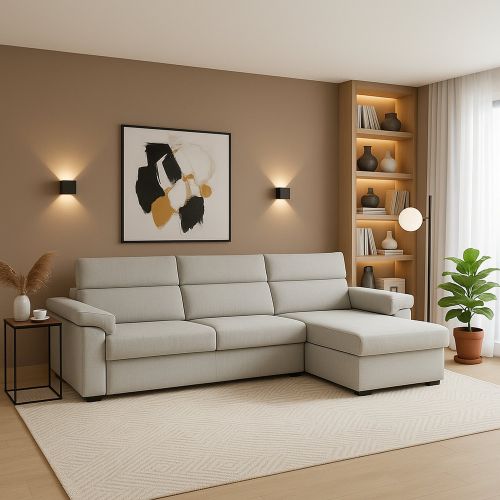 Divano in legno massello rivestito in tessuto grigio chiaro 285x160x100h cm - Ceto