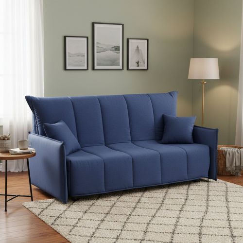 Divano Letto 2 Posti 150x90 cm Blu in Legno Massello Sfoderabile Apertura a Carrello Made in Italy Materasso 10cm Rete Elettrosaldata – Alaric