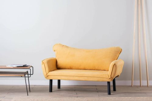Divano letto 2 posti Aquilonis, Sofà trasformabile, Divanetto per ospiti, Poltrona letto contenitore, 140x65 h70 cm, Giallo