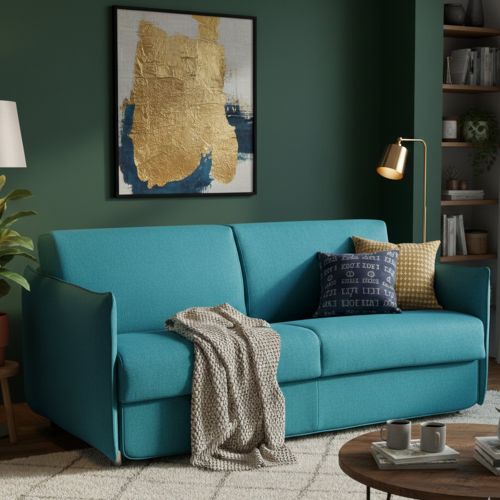 Divano Letto 2 Posti Azzurro Sfoderabile Contenitore 180x95 cm, di Apertura a Ribalta Made in Italy - Trovo