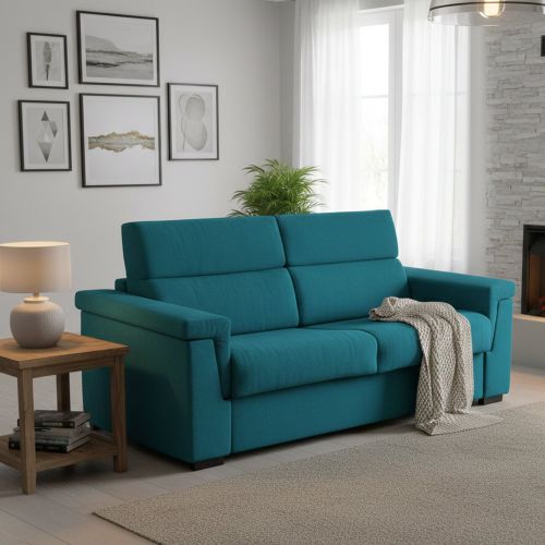 Divano Letto 3 Posti Azzurro Sfoderabile Contenitore 225x95 cm, Lavabile Made in Italy - Benedetto