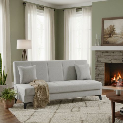 Divano Letto 3 Posti Bianco Contenitore di Apertura Click-clack 185x78 cm, Lavabile - Caneva