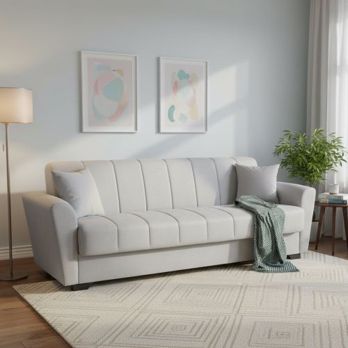 Divano Letto 3 Posti Grigio Chiaro Contenitore di Apertura Click-clack 225x83 cm, Lavabile - Ribera