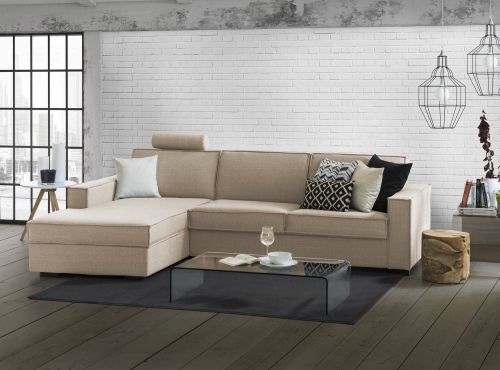 Divano Letto Adima, Divano ad angolo, 100% Made in Italy, Sofà con apertura girevole, Penisola contenitore Sinistra, con Braccioli slim, Cm 260x95h90, Beige