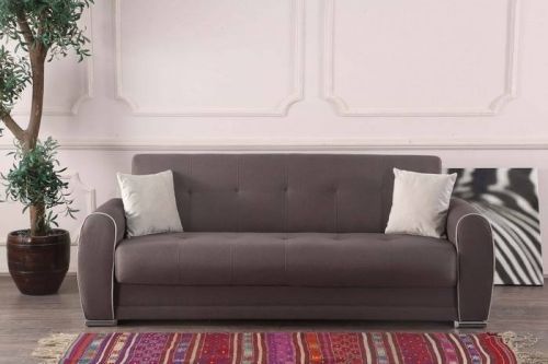 Divano letto Alejandro, Divano letto contenitore a 3 posti con 2 cuscini inclusi, Sofà da soggiorno in tessuto imbottito con apertura click-clack, 224x85h87 cm, Grigio Chiaro