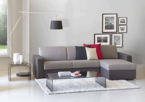Divano Letto Alisea, Divano ad angolo, 100% Made in Italy, Sofà con apertura girevole, con Penisola contenitore reversibile, con Braccioli slim, Cm 260x95h90, Grigio e Antracite