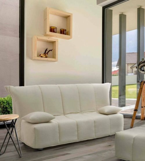 Divano Letto Alisee, Divano a 2 posti, 100% Made in Italy, Sofà Soggiorno con apertura a carrello, in tessuto imbottito, con cuscini inclusi, Cm 125x90h85, Beige