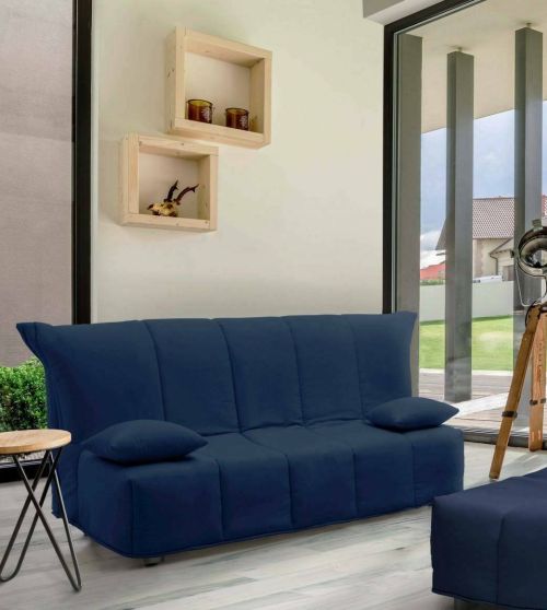 Divano Letto Alisee, Divano a 2 posti, 100% Made in Italy, Sofà Soggiorno con apertura a carrello, in tessuto imbottito, con cuscini inclusi, Cm 125x90h85, Blu