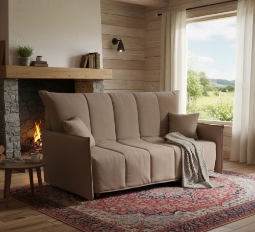 Divano Letto Alissa, Divano a 2 posti, 100% Made in Italy, Sofà Soggiorno con apertura a carrello, in tessuto imbottito, con Braccioli standard, Cm 150x90h85, Tortora