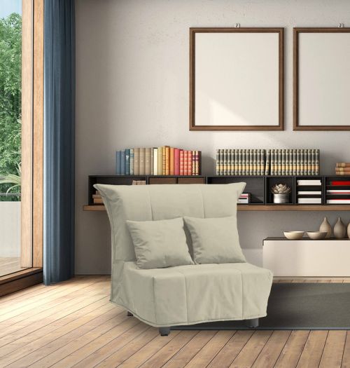 Divano Letto Alma, Divano singolo, 100% Made in Italy, Poltrona soggiorno con apertura a carrello, in tessuto imbottito, con cuscini inclusi, Cm 85x90h85, Beige