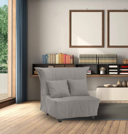 Divano Letto Alma, Divano singolo, 100% Made in Italy, Poltrona soggiorno con apertura a carrello, in tessuto imbottito, con cuscini inclusi, Cm 85x90h85, colore Grigio