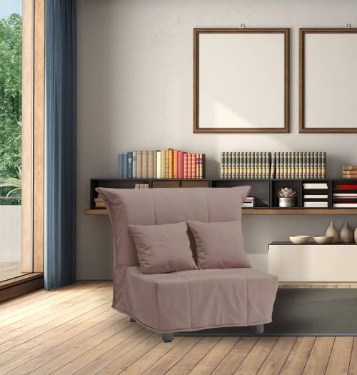 Divano Letto Alma, Divano singolo, 100% Made in Italy, Poltrona soggiorno con apertura a carrello, in tessuto imbottito, con cuscini inclusi, Cm 85x90h85, Tortora