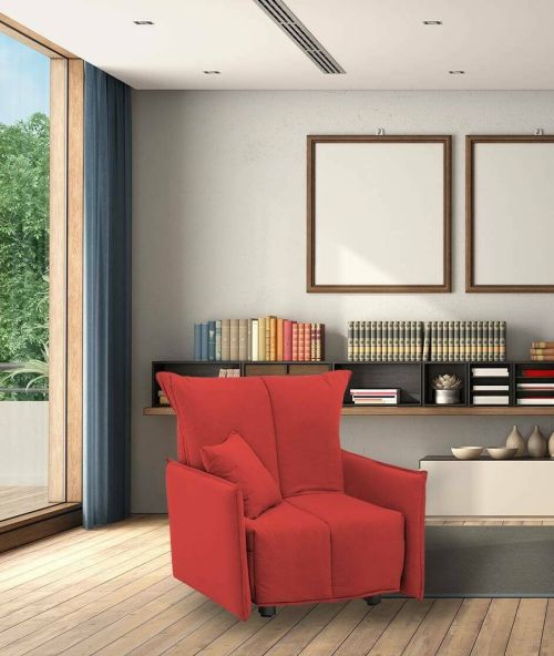 Divano Letto Almerinda, Divano singolo, 100% Made in Italy, Poltrona soggiorno con apertura a carrello, in tessuto imbottito, con Braccioli standard, Cm 110x90h85, Rosso