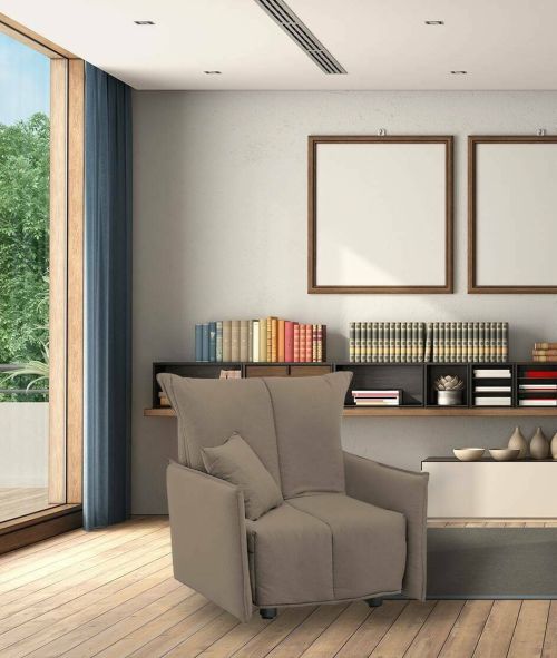 Divano Letto Almerinda, Divano singolo, 100% Made in Italy, Poltrona soggiorno con apertura a carrello, in tessuto imbottito, con Braccioli standard, Cm 110x90h85, Tortora