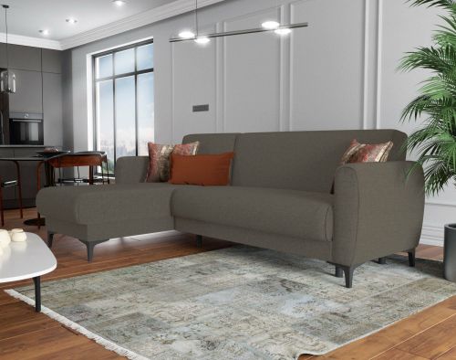 Divano letto Angel, Divano letto ad angolo con penisola reversibile, Sofà contenitore moderno con chaiselongue e 3 cuscini, 230x153h85 cm, Marrone