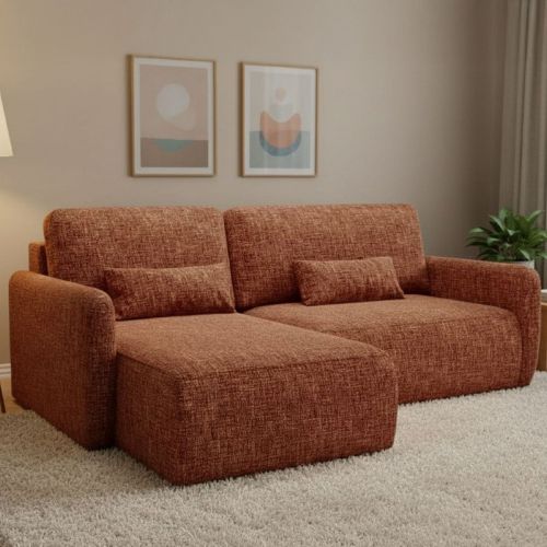 Divano Letto con Penisola Arancione Scuro Contenitore Reclinabile 207x148 cm, Reversibile - Pagno
