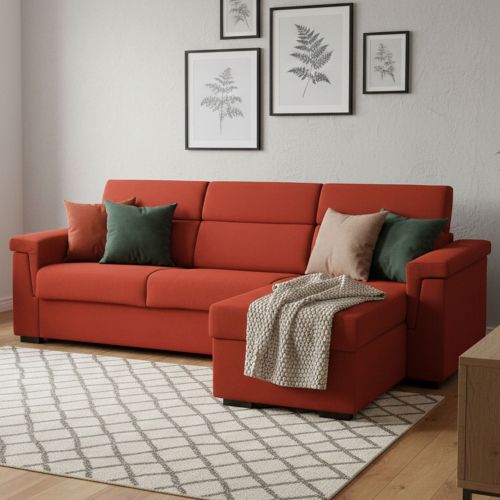 Divano Letto con Penisola Arancione Sfoderabile Contenitore 285x160 cm, Idrorepellente Multiposizione Trasformabile in Letto Made in Italy - Esca