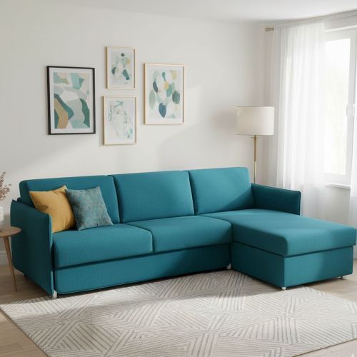 Divano Letto con Penisola Azzurro Sfoderabile Contenitore 260x160 cm, Idrorepellente Multiposizione Trasformabile in Letto Made in Italy - Sumirago