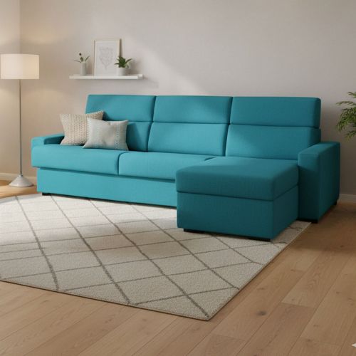 Divano Letto con Penisola Azzurro Sfoderabile Contenitore 280x160 cm, Idrorepellente Multiposizione Trasformabile in Letto Made in Italy - Pusiano
